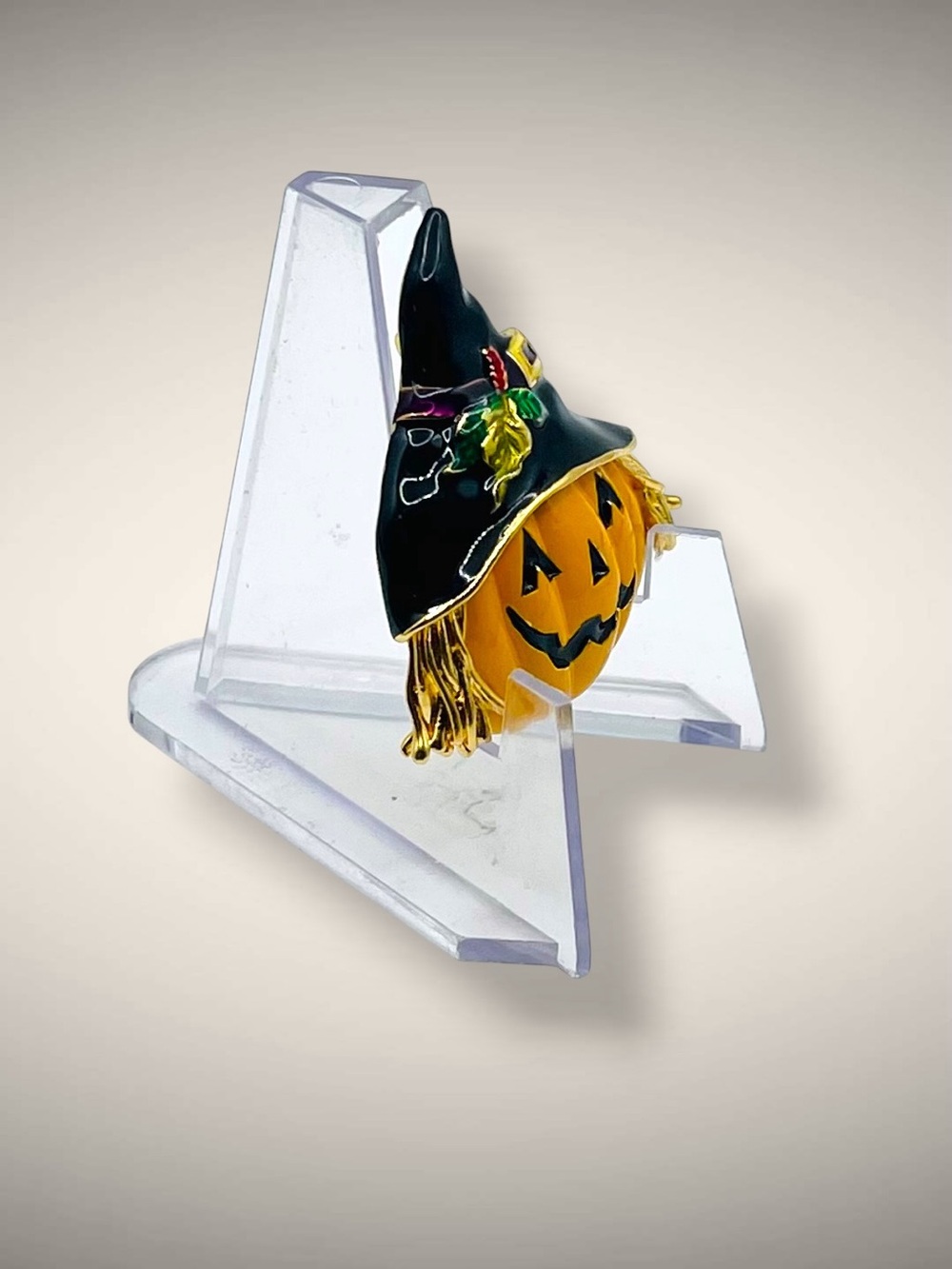 Vintage Halloween Enamel Jack-O'-Lantern Pumpkin Scarecrow Witch Brooch Pin - Picture 6 of 11